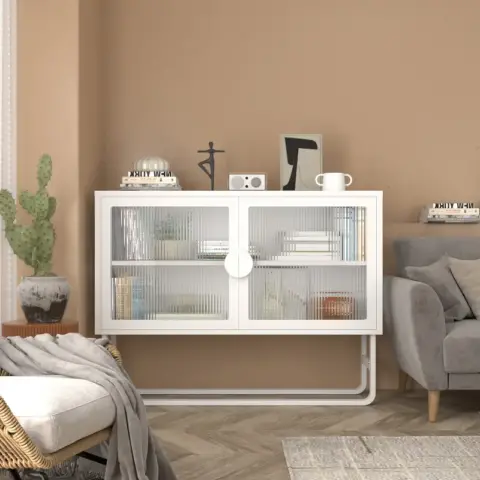 Stylish Tempered Glass Cabinet Credenza With 2 Fluted Glass Doors Adjustable Shelf U Shaped Leg Anti Tip Dust Free Enclosed Cupboard For Kitchen Living Room White 5