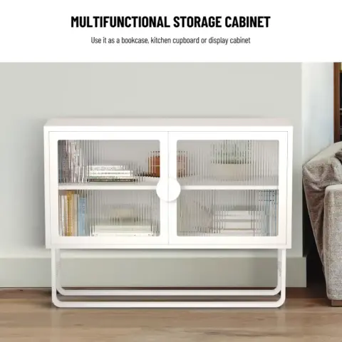 Stylish Tempered Glass Cabinet Credenza With 2 Fluted Glass Doors Adjustable Shelf U Shaped Leg Anti Tip Dust Free Enclosed Cupboard For Kitchen Living Room White 6