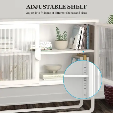 Stylish Tempered Glass Cabinet Credenza With 2 Fluted Glass Doors Adjustable Shelf U Shaped Leg Anti Tip Dust Free Enclosed Cupboard For Kitchen Living Room White 7