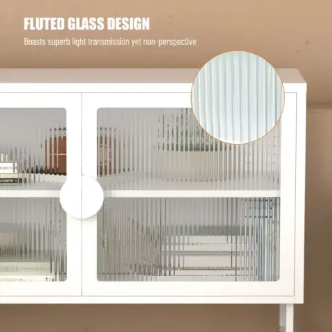 Stylish Tempered Glass Cabinet Credenza With 2 Fluted Glass Doors Adjustable Shelf U Shaped Leg Anti Tip Dust Free Enclosed Cupboard For Kitchen Living Room White 9
