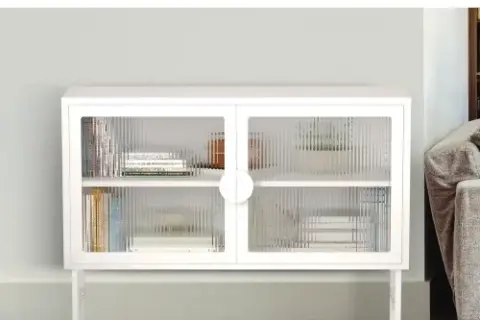 Stylish Tempered Glass Cabinet Credenza With 2 Fluted Glass Doors Adjustable Shelf U Shaped Leg Anti Tip Dust Free Enclosed Cupboard For Kitchen Living Room White