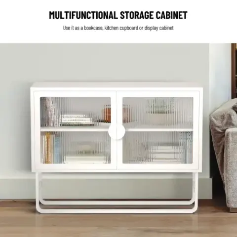 Stylish Tempered Glass Cabinet Credenza with 2 Fluted Glass Doors Adjustable Shelf U-shaped Leg Anti-Tip Dust-free Enclosed Cupboard for Kitchen