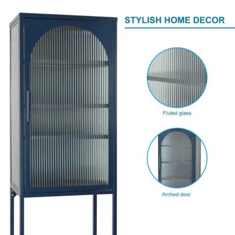 Stylish Tempered Glass High Cabinet With Arched Door Adjustable Shelves And Feet Anti Tip Dust Free Fluted Glass Kitchen Credenza 11