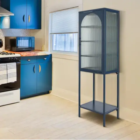 Stylish Tempered Glass High Cabinet With Arched Door Adjustable Shelves And Feet Anti Tip Dust Free Fluted Glass Kitchen Credenza 12