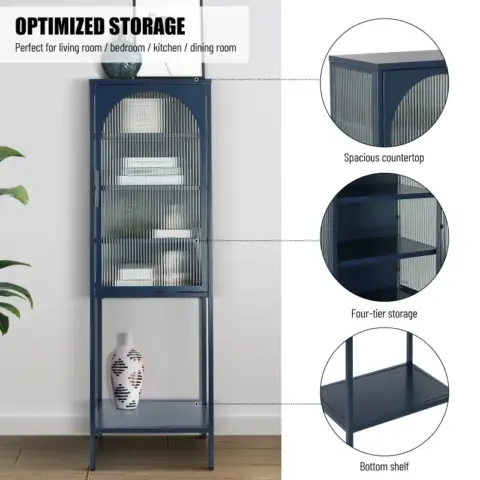 Stylish Tempered Glass High Cabinet With Arched Door Adjustable Shelves And Feet Anti Tip Dust Free Fluted Glass Kitchen Credenza 15