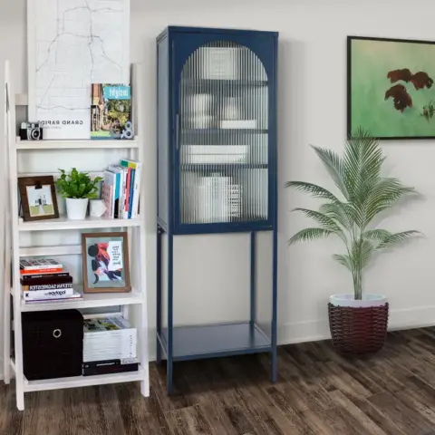 Stylish Tempered Glass High Cabinet With Arched Door Adjustable Shelves And Feet Anti Tip Dust Free Fluted Glass Kitchen Credenza 3