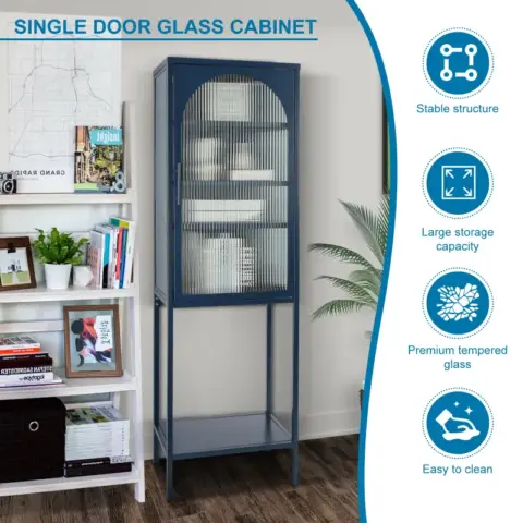 Stylish Tempered Glass High Cabinet With Arched Door Adjustable Shelves And Feet Anti Tip Dust Free Fluted Glass Kitchen Credenza 4