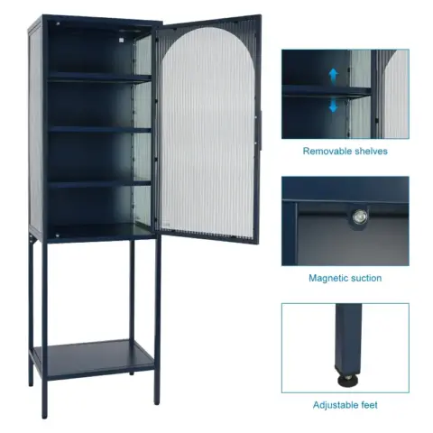 Stylish Tempered Glass High Cabinet With Arched Door Adjustable Shelves And Feet Anti Tip Dust Free Fluted Glass Kitchen Credenza 9