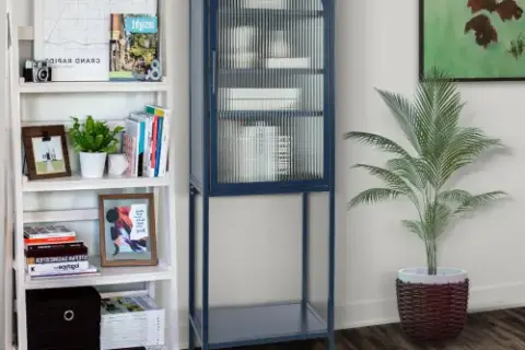 Stylish Tempered Glass High Cabinet With Arched Door Adjustable Shelves And Feet Anti Tip Dust Free Fluted Glass Kitchen Credenza Blue