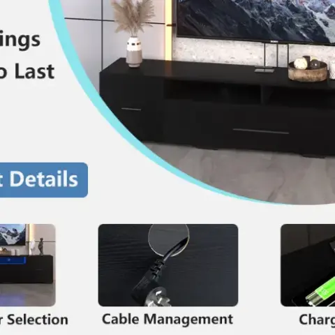 Tv Console With Storage Cabinets, Remote, App Control Long Led Tv Stand, Full Rgb Color Selection, 31 Modes Changing Lights Modern Entertainment Center With Power Cord 12