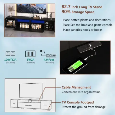 Tv Console With Storage Cabinets, Remote, App Control Long Led Tv Stand, Full Rgb Color Selection, 31 Modes Changing Lights Modern Entertainment Center With Power Cord 7