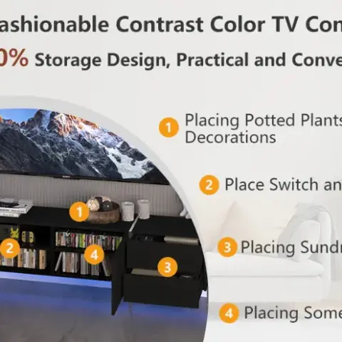 TV Console with Storage Cabinets, Remote Control, APP Control LED TV Stand, Full RGB Color Selection, 31 Modes Changing Lights