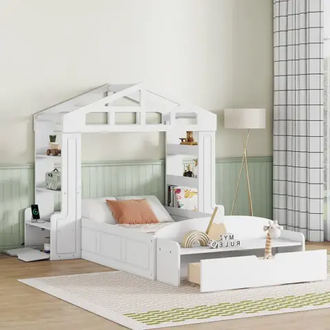 Twin Size House Bed With Bench, Socket And Shelves 10