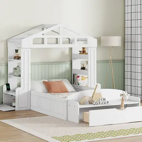 Twin Size House Bed With Bench, Socket And Shelves 11