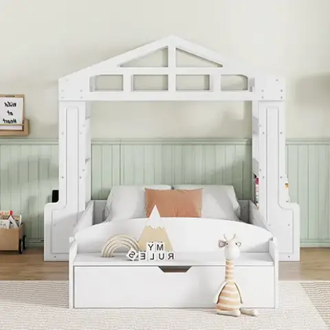 Twin Size House Bed With Bench, Socket And Shelves 13