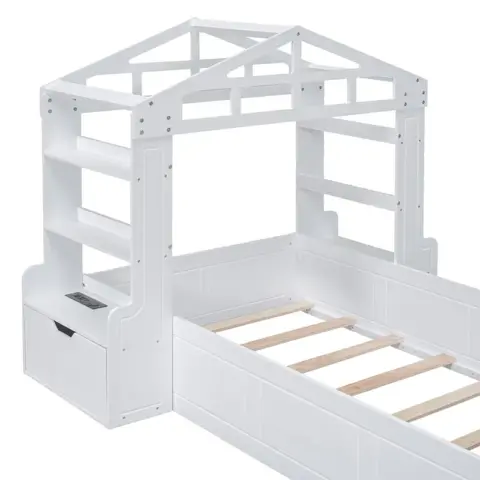 Twin Size House Bed With Bench, Socket And Shelves 15