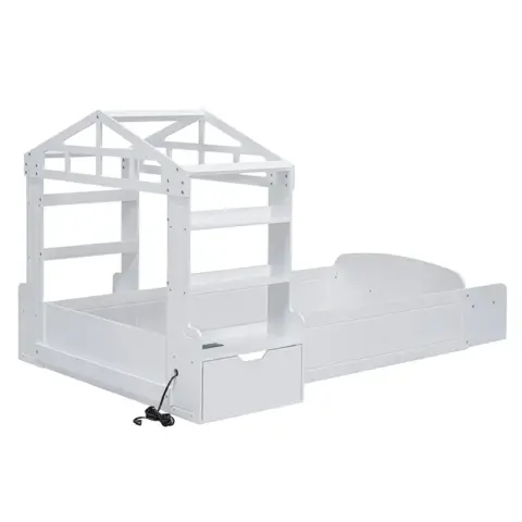 Twin Size House Bed With Bench, Socket And Shelves 16