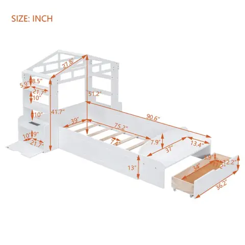 Twin Size House Bed With Bench, Socket And Shelves 17