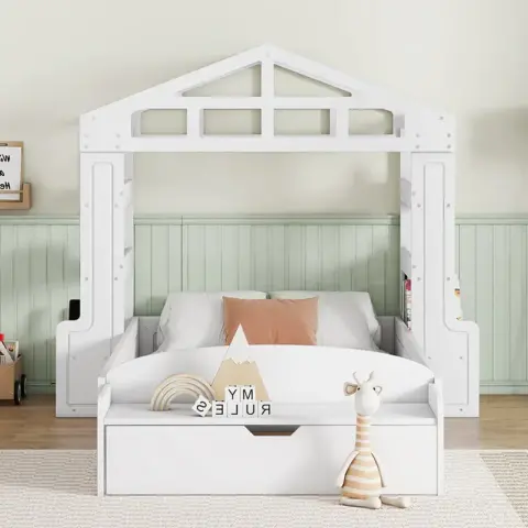 Twin Size House Bed With Bench, Socket And Shelves 2