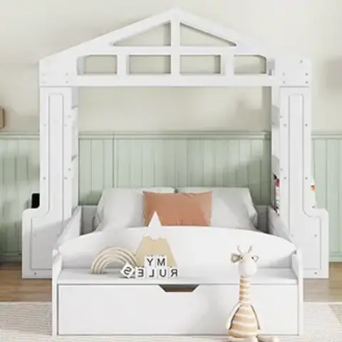 Twin Size House Bed With Bench, Socket And Shelves 3