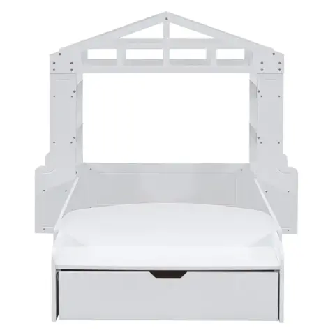 Twin Size House Bed With Bench, Socket And Shelves 5