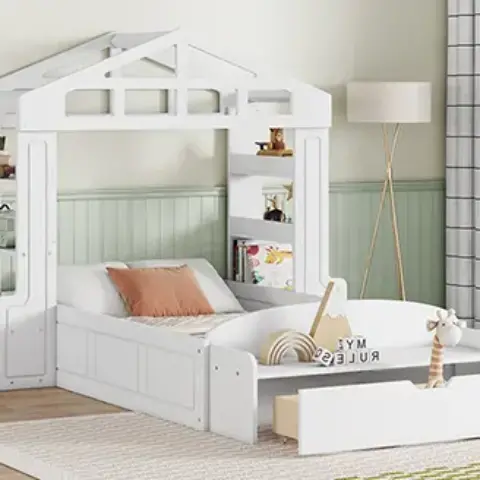 Twin Size House Bed With Bench, Socket And Shelves 6