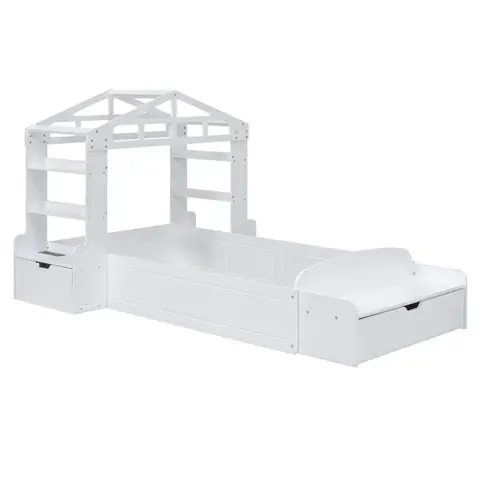 Twin Size House Bed With Bench, Socket And Shelves 7