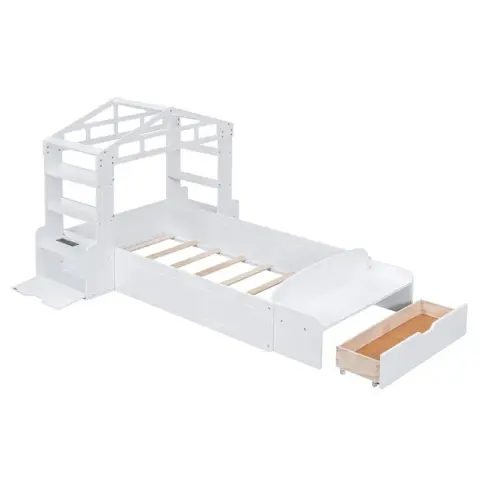 Twin Size House Bed With Bench, Socket And Shelves 8