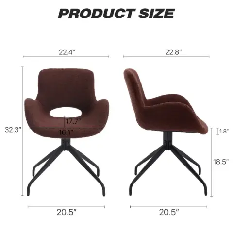 Velvet Upholstered Chair with Metal Legs Modern Accent Without Wheels Home Office Chair Desk Chair Computer Task Chair with Degree Rotating Dark Brown