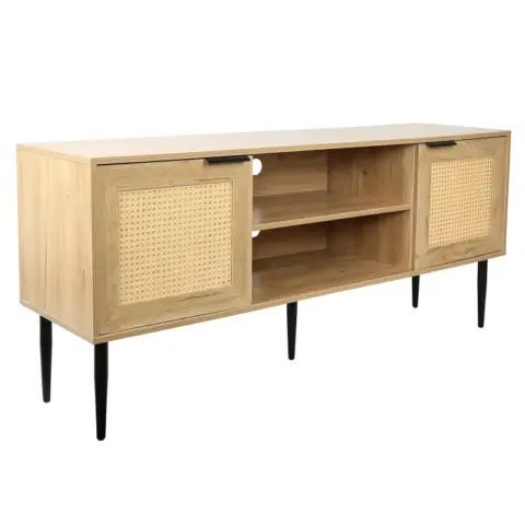 Wooden Tv Stand For Tvs Up To 65 Inches,with 2 Rattan Decorated Doors And 2 Open Shelves,living Room Tv Console Table Wooden Entertainment Unit 1