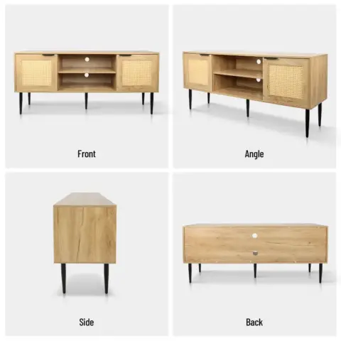 Wooden Tv Stand For Tvs Up To 65 Inches,with 2 Rattan Decorated Doors And 2 Open Shelves,living Room Tv Console Table Wooden Entertainment Unit 10