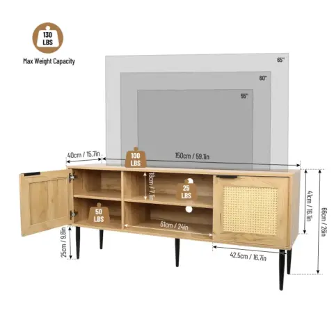 Wooden Tv Stand For Tvs Up To 65 Inches,with 2 Rattan Decorated Doors And 2 Open Shelves,living Room Tv Console Table Wooden Entertainment Unit 11