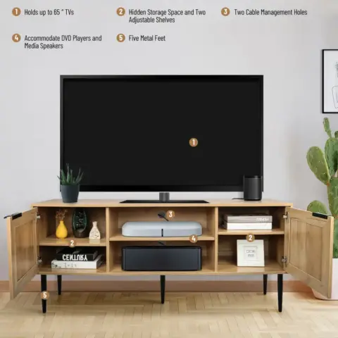 Wooden Tv Stand For Tvs Up To 65 Inches,with 2 Rattan Decorated Doors And 2 Open Shelves,living Room Tv Console Table Wooden Entertainment Unit 12