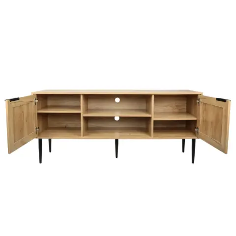 Wooden Tv Stand For Tvs Up To 65 Inches,with 2 Rattan Decorated Doors And 2 Open Shelves,living Room Tv Console Table Wooden Entertainment Unit 13