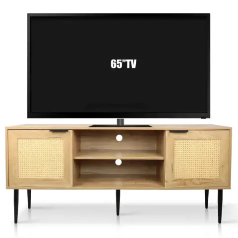 Wooden Tv Stand For Tvs Up To 65 Inches,with 2 Rattan Decorated Doors And 2 Open Shelves,living Room Tv Console Table Wooden Entertainment Unit 14