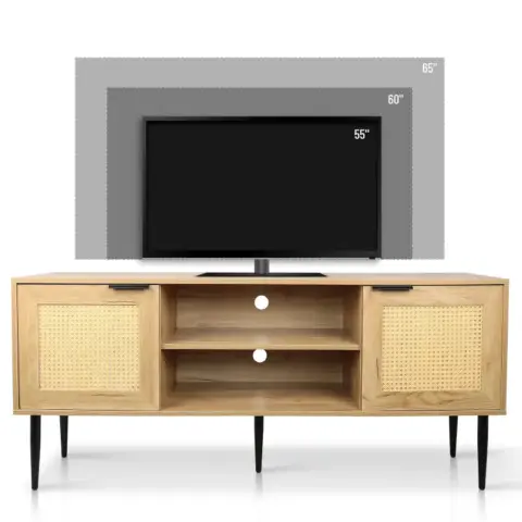 Wooden Tv Stand For Tvs Up To 65 Inches,with 2 Rattan Decorated Doors And 2 Open Shelves,living Room Tv Console Table Wooden Entertainment Unit 15