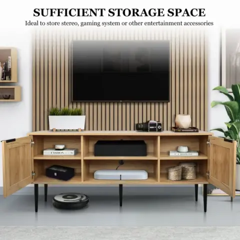 Wooden Tv Stand For Tvs Up To 65 Inches,with 2 Rattan Decorated Doors And 2 Open Shelves,living Room Tv Console Table Wooden Entertainment Unit 2