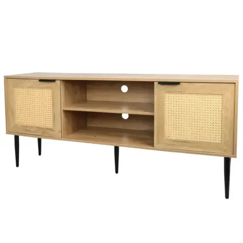 Wooden Tv Stand For Tvs Up To 65 Inches,with 2 Rattan Decorated Doors And 2 Open Shelves,living Room Tv Console Table Wooden Entertainment Unit 3