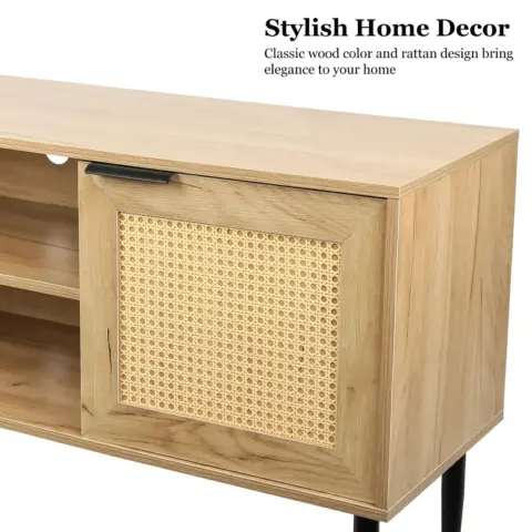 Wooden Tv Stand For Tvs Up To 65 Inches,with 2 Rattan Decorated Doors And 2 Open Shelves,living Room Tv Console Table Wooden Entertainment Unit 4