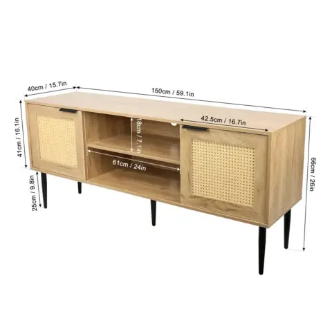 Wooden Tv Stand For Tvs Up To 65 Inches,with 2 Rattan Decorated Doors And 2 Open Shelves,living Room Tv Console Table Wooden Entertainment Unit 6