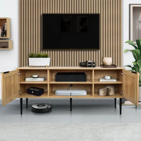 Wooden Tv Stand For Tvs Up To 65 Inches,with 2 Rattan Decorated Doors And 2 Open Shelves,living Room Tv Console Table Wooden Entertainment Unit 7