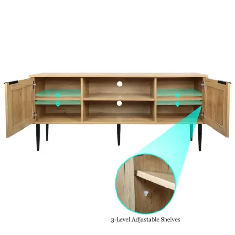 Wooden Tv Stand For Tvs Up To 65 Inches,with 2 Rattan Decorated Doors And 2 Open Shelves,living Room Tv Console Table Wooden Entertainment Unit 8