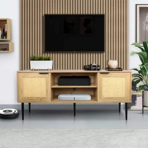 Wooden Tv Stand For Tvs Up To 65 Inches,with 2 Rattan Decorated Doors And 2 Open Shelves,living Room Tv Console Table Wooden Entertainment Unit 9