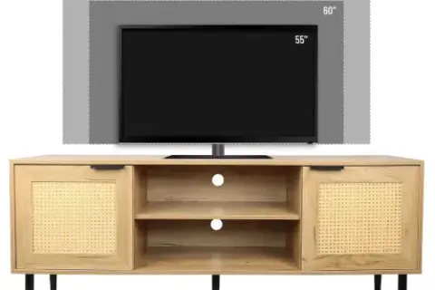 Wooden Tv Stand For Tvs Up To 65 Inches,with 2 Rattan Decorated Doors And 2 Open Shelves,living Room Tv Console Table Wooden Entertainment Unit, Natural Color