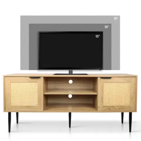 Wooden TV Stand for TVs up to 65 Inches,with 2 Rattan Decorated Doors and 2 Open Shelves,Living Room TV Console Table Wooden Entertainment Unit