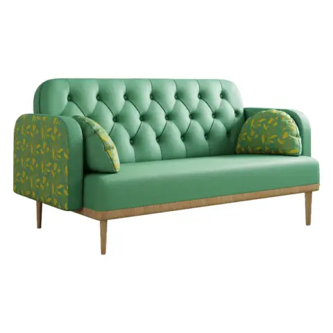 Green Loveseat Sofa With Tulip Pattern Modern Upholstered Two Seater Pu Sofa With 2 Dumpling Shaped Throw Pillows With Tulip Patterns 1