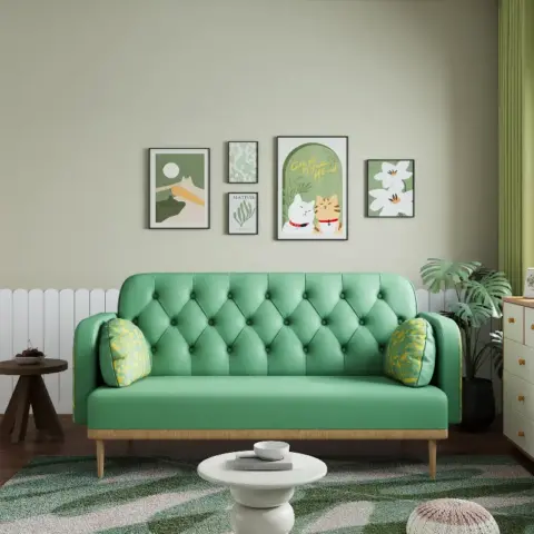 Green Loveseat Sofa With Tulip Pattern Modern Upholstered Two Seater Pu Sofa With 2 Dumpling Shaped Throw Pillows With Tulip Patterns 10