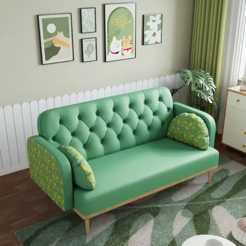 Green Loveseat Sofa With Tulip Pattern Modern Upholstered Two Seater Pu Sofa With 2 Dumpling Shaped Throw Pillows With Tulip Patterns 11