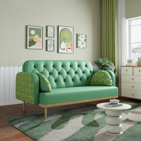 Green Loveseat Sofa With Tulip Pattern Modern Upholstered Two Seater Pu Sofa With 2 Dumpling Shaped Throw Pillows With Tulip Patterns 2