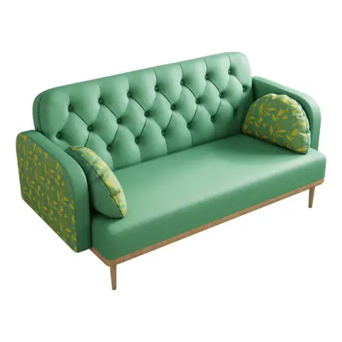 Green Loveseat Sofa With Tulip Pattern Modern Upholstered Two Seater Pu Sofa With 2 Dumpling Shaped Throw Pillows With Tulip Patterns 4